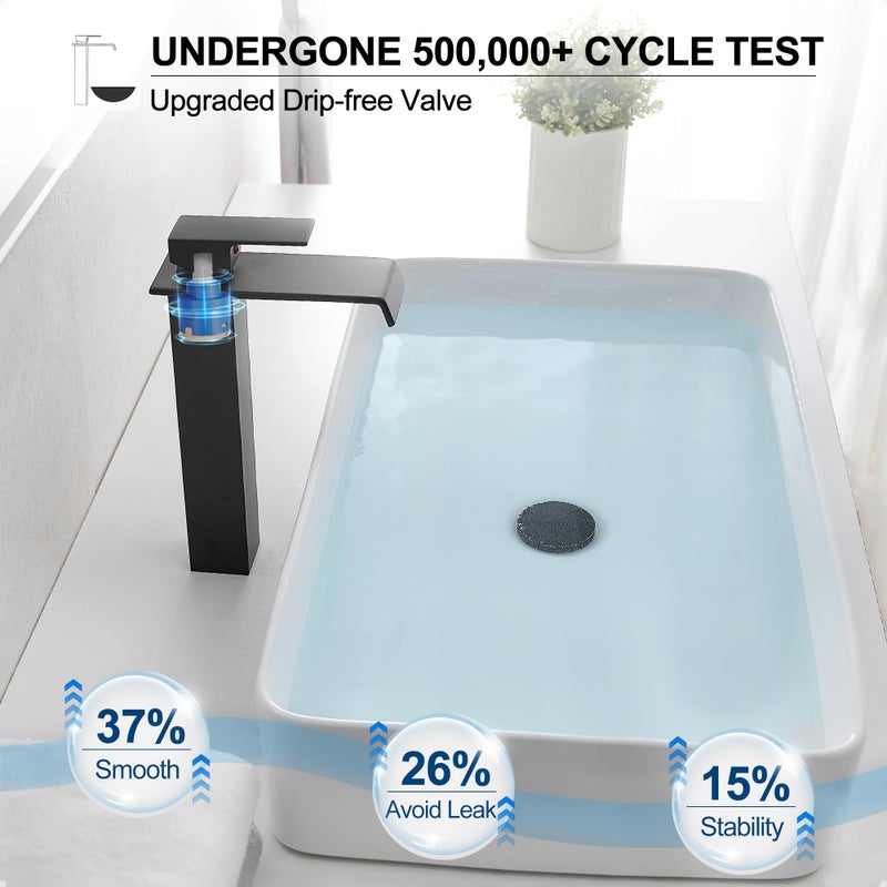 HEYMYTAP Brass Vessel Sink Faucet Black Waterfall Bathroom Faucet 1 Hole, Tall Bathroom Sink Faucet Single Handle, Modern Bathroom Faucets for Vessel Sinks with Pop Up Drain and Supply Hoses - Image 4