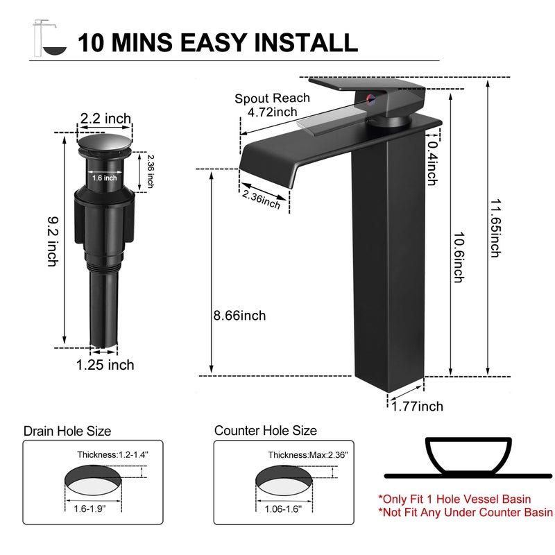 HEYMYTAP Brass Vessel Sink Faucet Black Waterfall Bathroom Faucet 1 Hole, Tall Bathroom Sink Faucet Single Handle, Modern Bathroom Faucets for Vessel Sinks with Pop Up Drain and Supply Hoses - Image 5