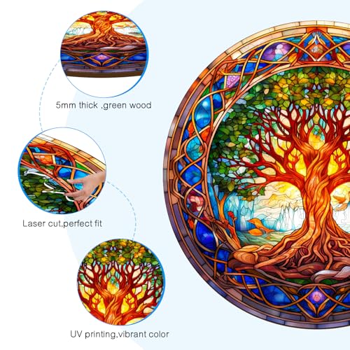 Aeekdook Wooden Puzzles for Adults Stained Glass Tree of Life Wooden Jigsaw Puzzle for Adults Unique 200Piece Art Puzzle Premium Brain Teaser Decorative Gift 114x114 - Image 5