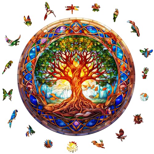Aeekdook Wooden Puzzles for Adults Stained Glass Tree of Life Wooden Jigsaw Puzzle for Adults Unique 200Piece Art Puzzle Premium Brain Teaser Decorative Gift 114x114 - Image 1