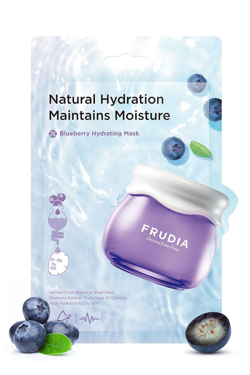 أقنعة ترطيب التوت الأزرق من FRUDIA عبوة 10 قطع أقنعة وجه كورية مع 55 مستخلص توت أزرق نباتي بانثينول WS BS Care EX للترطيب العميق وتهدئة البشرة
