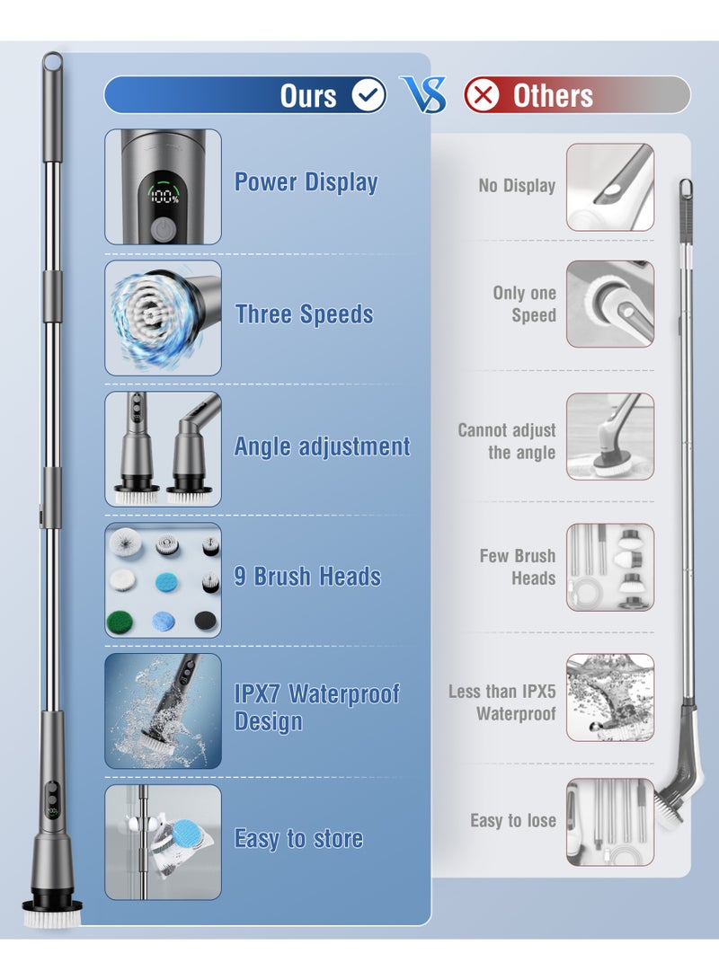 9 in1-1-Electric Spin Scrubber -Electric Scrubber for Cleaning with 7 استبدلت الرؤوس -Full Body IPX7 Waterproof Tub Scrubber with Long Handle -3 Speeds Electric Brush Cleaner for Bathroom and Tley, Sink, Car & More (2013) - Image 5
