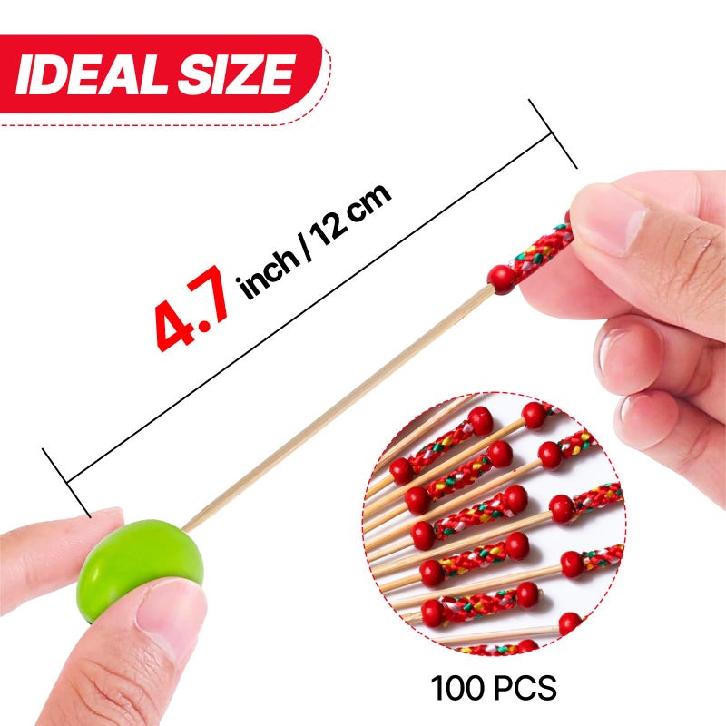 PuTwo Cocktail Picks Handmade Toothpicks 4.7â€ 100ct Red Beads with Rope - Image 3