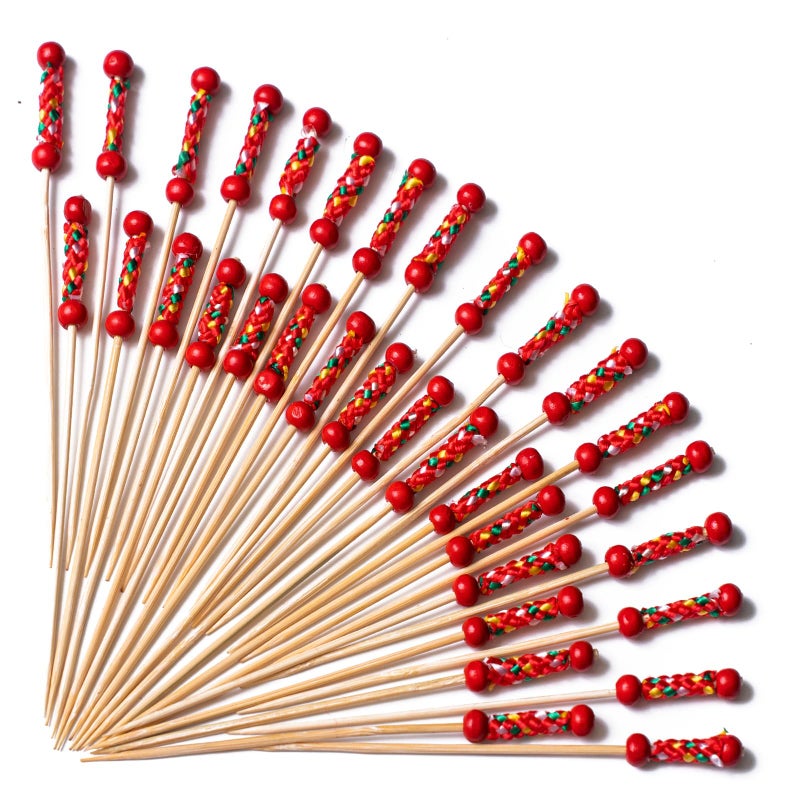 PuTwo Cocktail Picks Handmade Toothpicks 4.7â€ 100ct Red Beads with Rope - Image 1