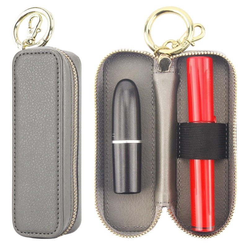 Bocasal Leather Lipstick Case Holder Chapstick Keychain Pouch, Zipper Lip Balm Lip Gloss Bag for Purse with Key Chain Elastic Band, Makeup Travel Organizer, Cosmetic Storage Kit for Women Girls (Grey) - Image 1
