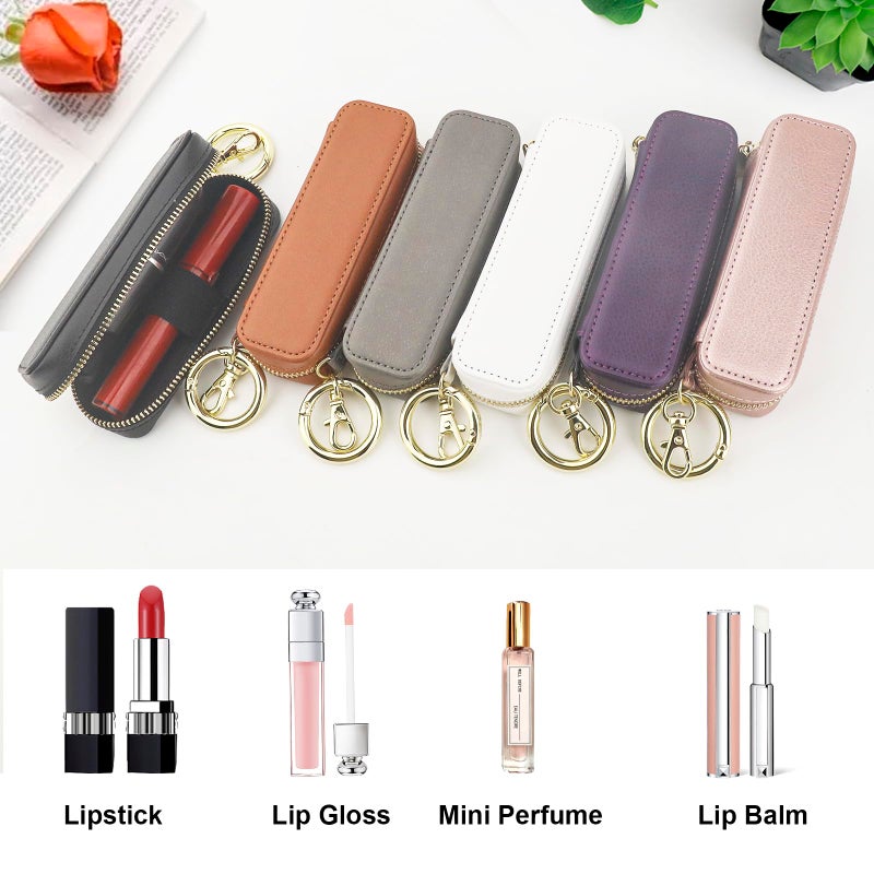 Bocasal Leather Lipstick Case Holder Chapstick Keychain Pouch, Zipper Lip Balm Lip Gloss Bag for Purse with Key Chain Elastic Band, Makeup Travel Organizer, Cosmetic Storage Kit for Women Girls (Grey) - Image 5