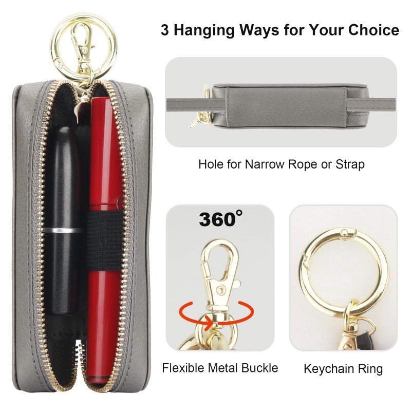 Bocasal Leather Lipstick Case Holder Chapstick Keychain Pouch, Zipper Lip Balm Lip Gloss Bag for Purse with Key Chain Elastic Band, Makeup Travel Organizer, Cosmetic Storage Kit for Women Girls (Grey) - Image 2