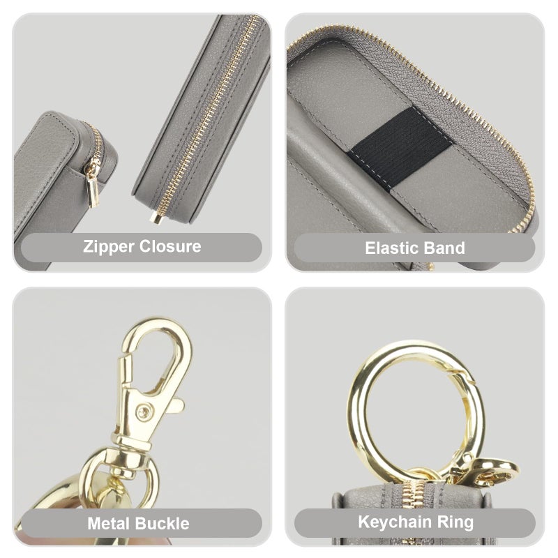 Bocasal Leather Lipstick Case Holder Chapstick Keychain Pouch, Zipper Lip Balm Lip Gloss Bag for Purse with Key Chain Elastic Band, Makeup Travel Organizer, Cosmetic Storage Kit for Women Girls (Grey) - Image 4