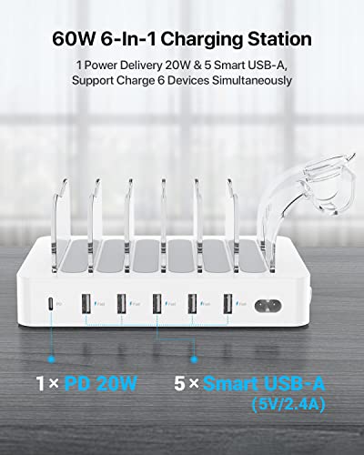 SooPii 60W 6Port Charging Station for Multiple Devices PD 20W USB C Fast Charging for lPhone 1413126 Short Cables Included 2 in 1 Holderfor PhonesTablets and OthersWhite - Image 3