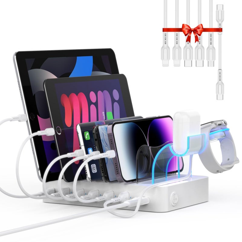SooPii 60W 6Port Charging Station for Multiple Devices PD 20W USB C Fast Charging for lPhone 1413126 Short Cables Included 2 in 1 Holderfor PhonesTablets and OthersWhite - Image 2