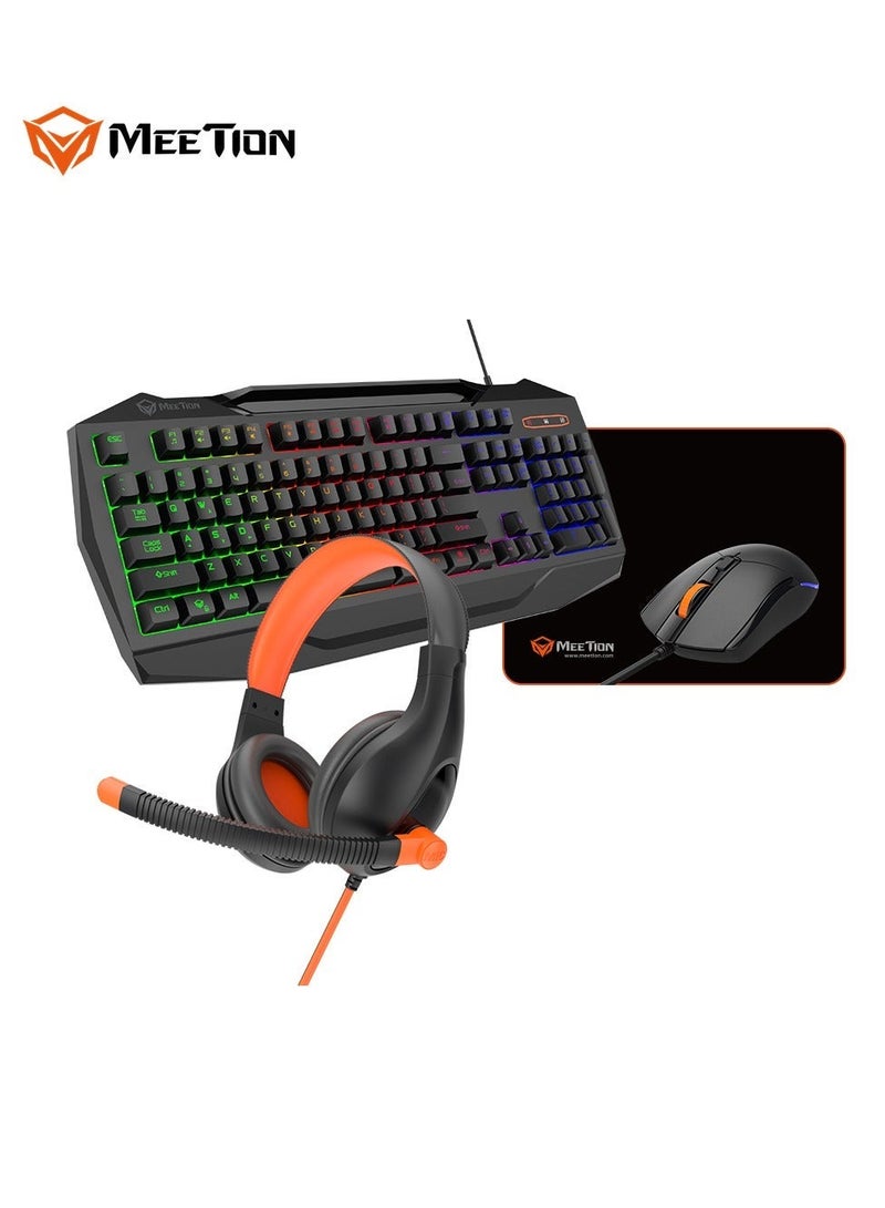 Meetion 4 IN 1 PC Gaming Kits C490 3.5mm stereo headset USB multimedia keyboard with colorful backlit Gaming mouse, max.2400dpi with breathing backlit (English+Arabic, Black) - Image 1