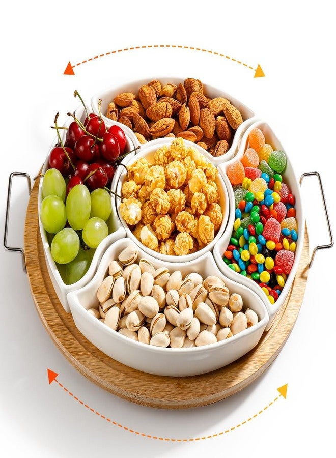 AISBUGUR Ceramic Divided Serving Dishes with Bamboo Tray,360° Rotatable Serving Bowls with Handles for Party,5 Removable Relish Tray,11.2 Inch Appetizer Serving Dish for Chips & Dip, Veggies, Candy & Snacks - Image 1