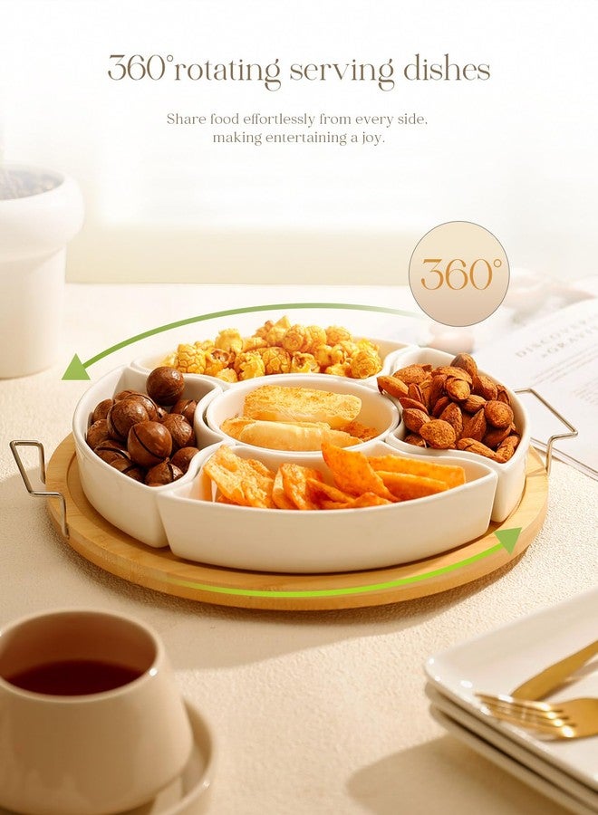 AISBUGUR Ceramic Divided Serving Dishes with Bamboo Tray,360° Rotatable Serving Bowls with Handles for Party,5 Removable Relish Tray,11.2 Inch Appetizer Serving Dish for Chips & Dip, Veggies, Candy & Snacks - Image 2
