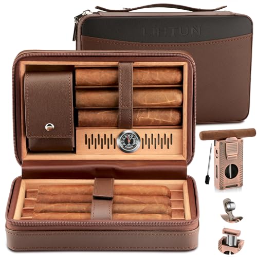 LIHTUN Cigar Humidor, Leather Cedar Wood Travel Cigar Case and Multifunctional in 1 Cigar Lighter Set Portable Travel Humidor Box Cigar Gift for Men (Brown) - Image 1
