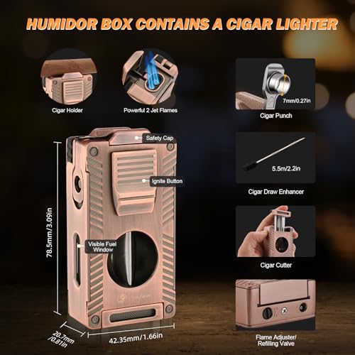 LIHTUN Cigar Humidor, Leather Cedar Wood Travel Cigar Case and Multifunctional in 1 Cigar Lighter Set Portable Travel Humidor Box Cigar Gift for Men (Brown) - Image 3