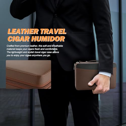 LIHTUN Cigar Humidor, Leather Cedar Wood Travel Cigar Case and Multifunctional in 1 Cigar Lighter Set Portable Travel Humidor Box Cigar Gift for Men (Brown) - Image 5