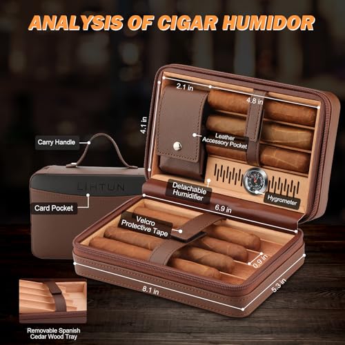 LIHTUN Cigar Humidor, Leather Cedar Wood Travel Cigar Case and Multifunctional in 1 Cigar Lighter Set Portable Travel Humidor Box Cigar Gift for Men (Brown) - Image 2