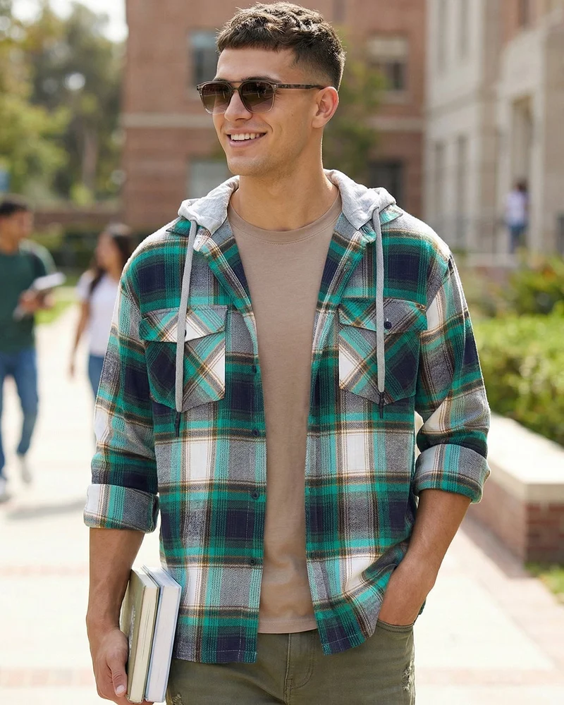 بيواكوف Men's Green & White Checked Oversized Hooded Shirt
