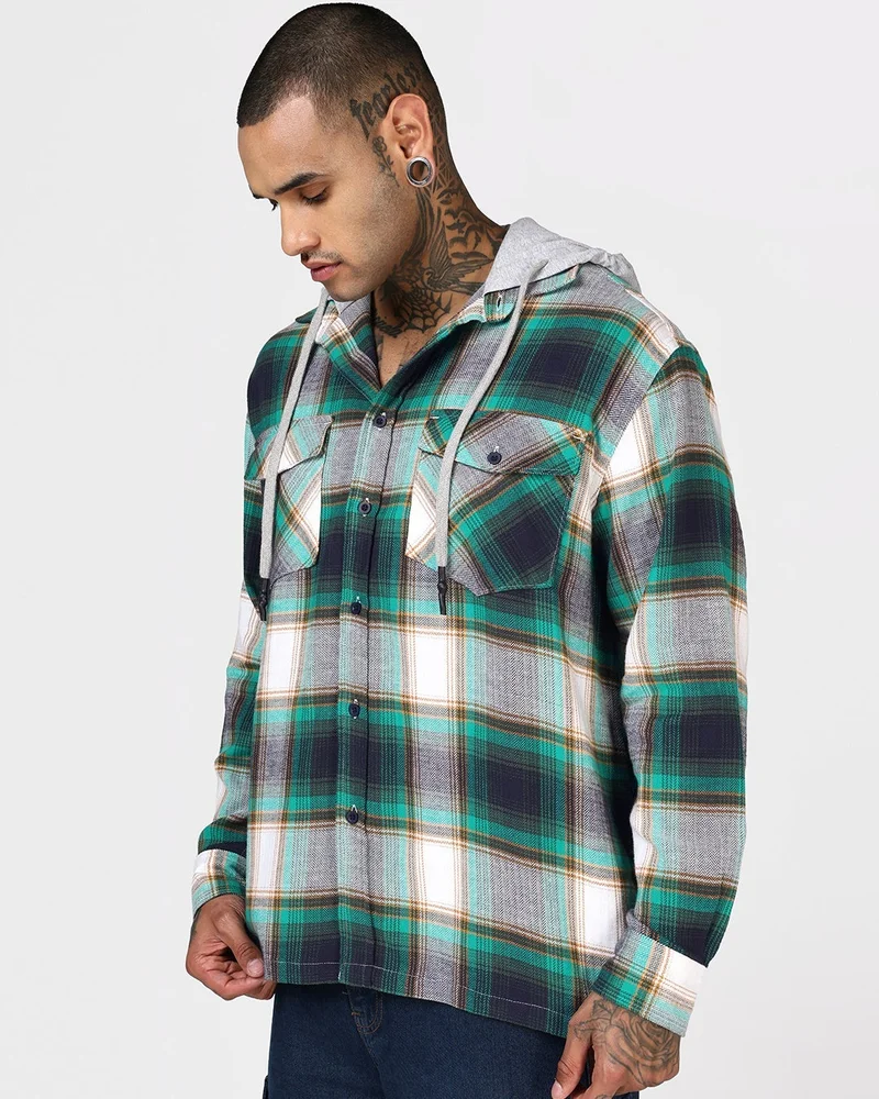 بيواكوف Men's Green & White Checked Oversized Hooded Shirt