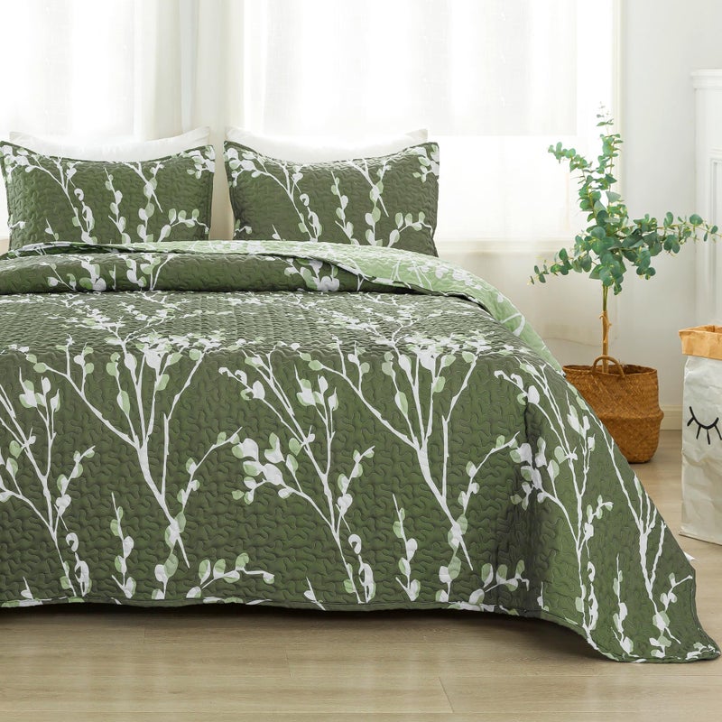 Andency Green Quilt Queen Size (96x90 Inch), 3 Pieces Floral Lightweight Bedspread, Microfiber Flower Quilted Coverlet with 2 Pillowcases for Men Women - Image 1