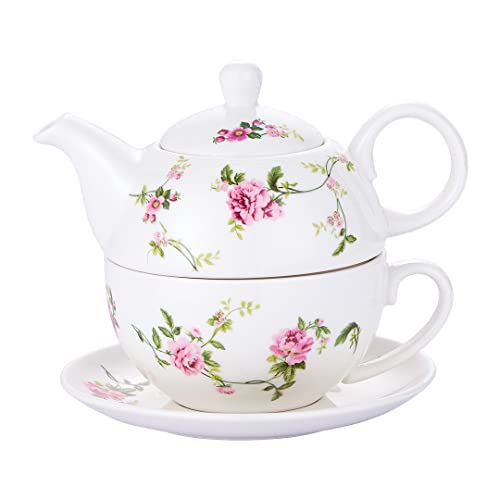 Porcelain Tea for One Set Floral Ceramic Tea for One Teapot and Cup Set 12oz Rattan Flowers Tea Set Gift for women