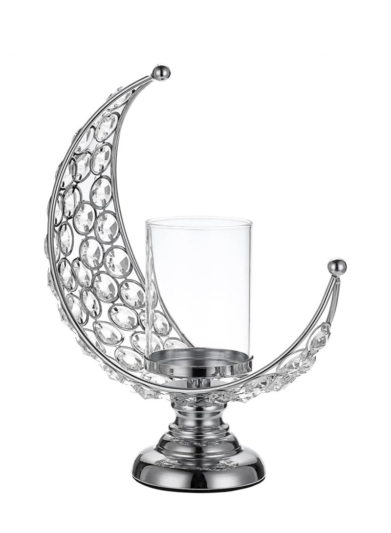 Candle Holder, Silver Moon Shaped Crystal Pillar Candle Holders, Tealight Holders with Glass Covers, Metal Crystal Moon Pillar Candle Stands, Votive Candlesticks for Table Centerpieces, 1 Pcs - Image 1