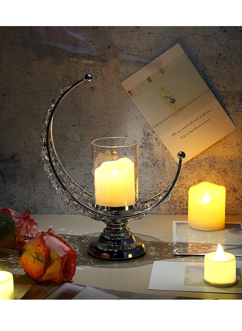 Candle Holder, Silver Moon Shaped Crystal Pillar Candle Holders, Tealight Holders with Glass Covers, Metal Crystal Moon Pillar Candle Stands, Votive Candlesticks for Table Centerpieces, 1 Pcs - Image 3