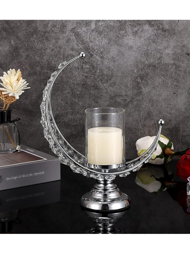 Candle Holder, Silver Moon Shaped Crystal Pillar Candle Holders, Tealight Holders with Glass Covers, Metal Crystal Moon Pillar Candle Stands, Votive Candlesticks for Table Centerpieces, 1 Pcs - Image 2