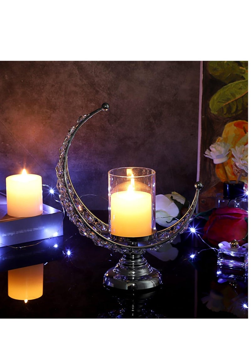Candle Holder, Silver Moon Shaped Crystal Pillar Candle Holders, Tealight Holders with Glass Covers, Metal Crystal Moon Pillar Candle Stands, Votive Candlesticks for Table Centerpieces, 1 Pcs - Image 4