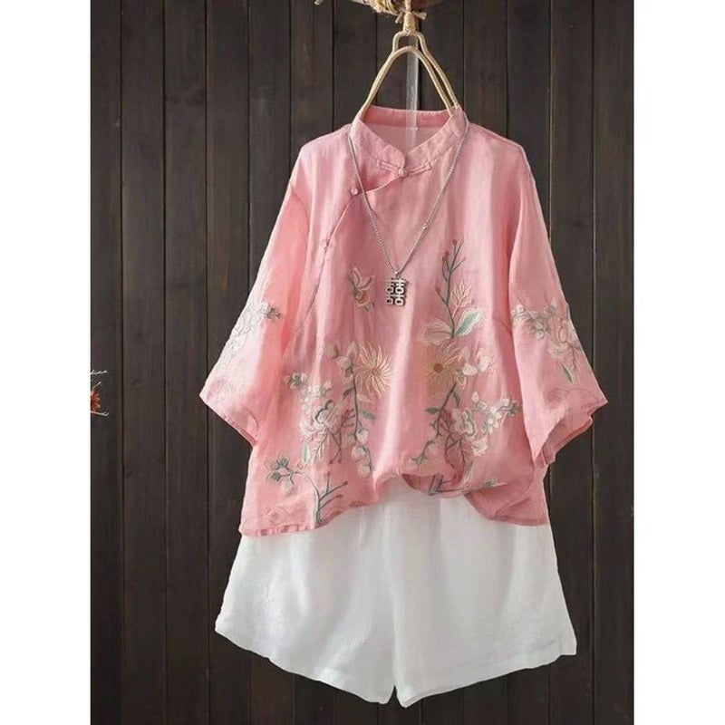 Retro embroidered ramie shirt for women's 2025 summer new stand-up collar Chinese-style diagonal collar button-up shirt temperament thin top - Image 2