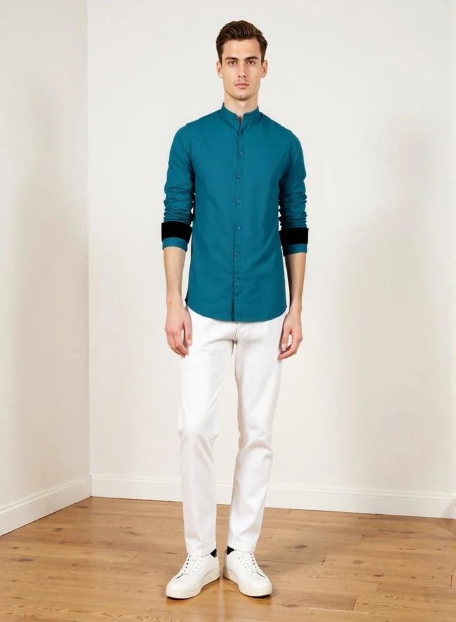 Dennis Lingo Men's Teal Cotton Blend Solid Button Down Regular Fit Shirt