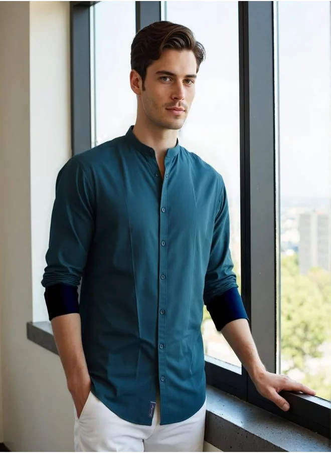 Dennis Lingo Men's Teal Cotton Blend Solid Button Down Regular Fit Shirt