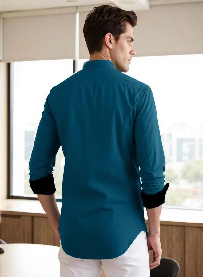 Dennis Lingo Men's Teal Cotton Blend Solid Button Down Regular Fit Shirt