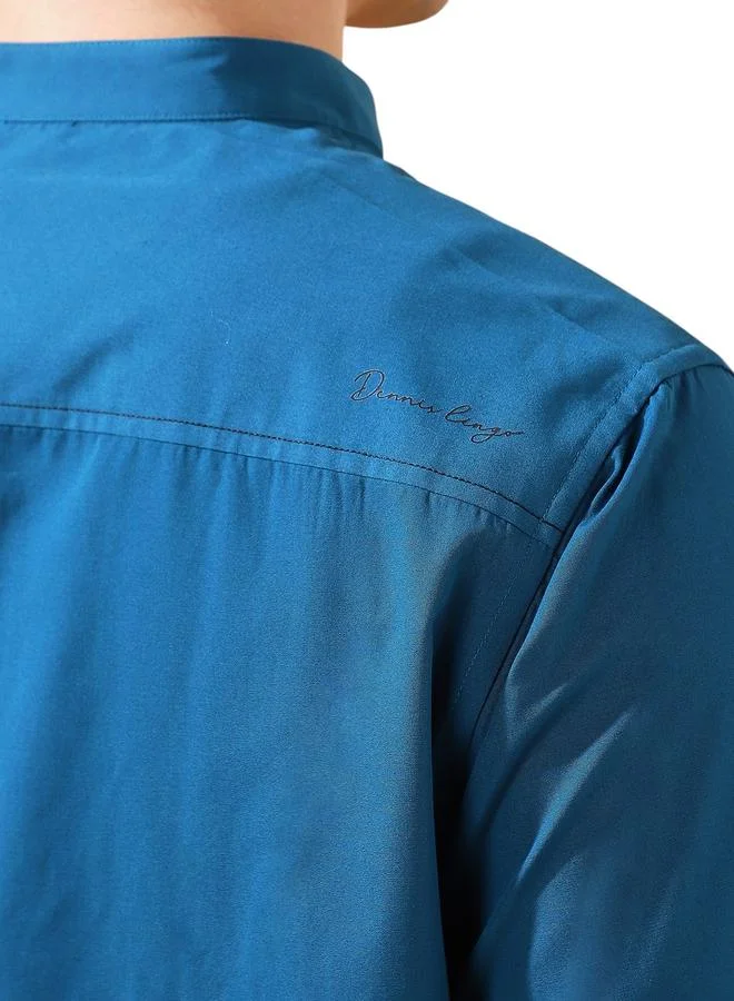 Dennis Lingo Men's Teal Cotton Blend Solid Button Down Regular Fit Shirt