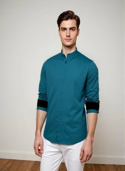 Dennis Lingo Men's Teal Cotton Blend Solid Button Down Regular Fit Shirt