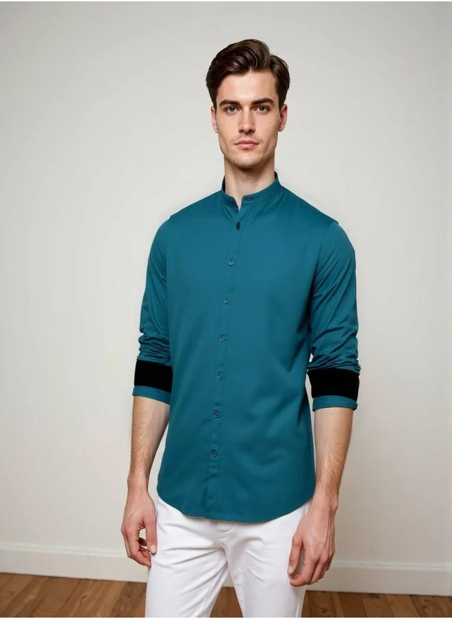 Dennis Lingo Men's Teal Cotton Blend Solid Button Down Regular Fit Shirt