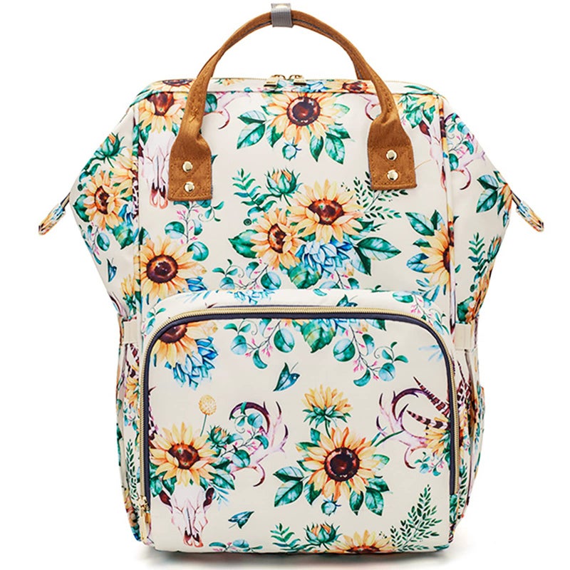 Floral Diaper Bag Backpack Waterproof Baby Care Bag Women Travel Baby Nappy Changing Bag White