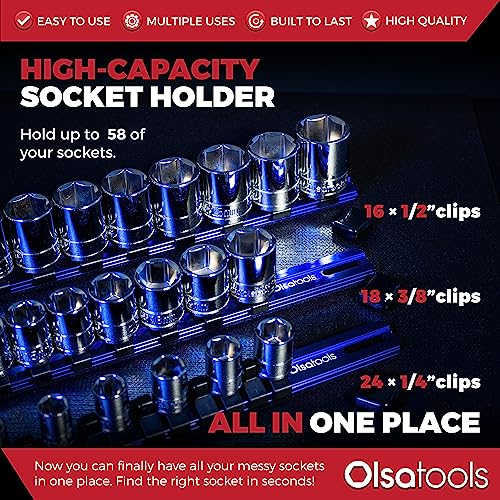 Olsa Tools Aluminum Socket Organizer, 3pc Set - Blue Socket Holder Kit 1/2-Inch, 3/8-Inch, and 1/4-Inch Drive - Holds 58 Chrome or Impact Sockets - Professional Grade Socket Rails - Part: 1016 - Image 2