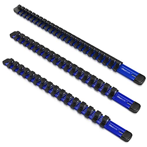 Olsa Tools Aluminum Socket Organizer, 3pc Set - Blue Socket Holder Kit 1/2-Inch, 3/8-Inch, and 1/4-Inch Drive - Holds 58 Chrome or Impact Sockets - Professional Grade Socket Rails - Part: 1016 - Image 1