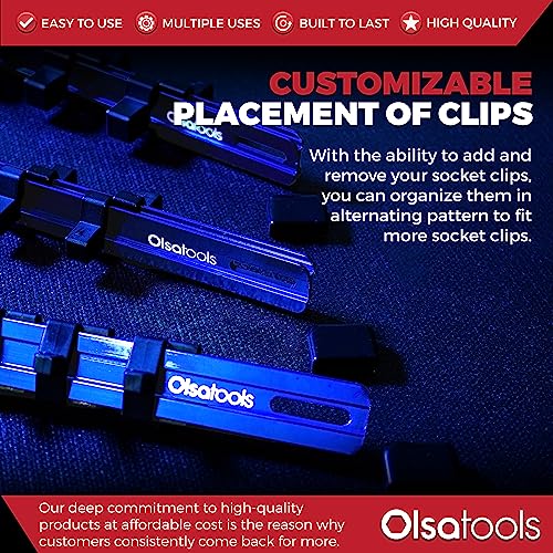 Olsa Tools Aluminum Socket Organizer, 3pc Set - Blue Socket Holder Kit 1/2-Inch, 3/8-Inch, and 1/4-Inch Drive - Holds 58 Chrome or Impact Sockets - Professional Grade Socket Rails - Part: 1016 - Image 5
