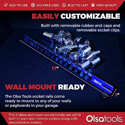 Olsa Tools Aluminum Socket Organizer, 3pc Set - Blue Socket Holder Kit 1/2-Inch, 3/8-Inch, and 1/4-Inch Drive - Holds 58 Chrome or Impact Sockets - Professional Grade Socket Rails - Part: 1016 - Image 3