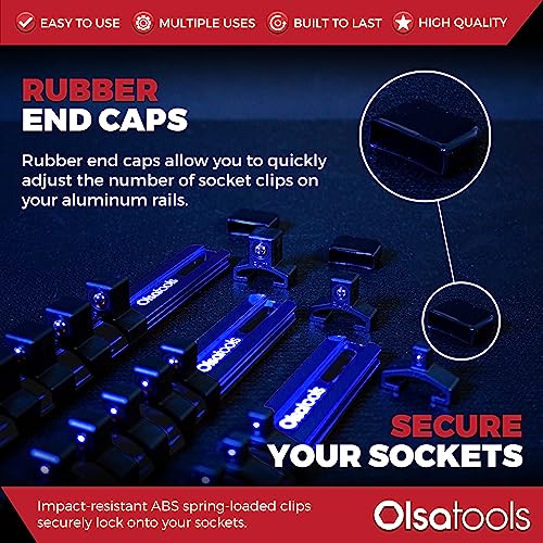 Olsa Tools Aluminum Socket Organizer, 3pc Set - Blue Socket Holder Kit 1/2-Inch, 3/8-Inch, and 1/4-Inch Drive - Holds 58 Chrome or Impact Sockets - Professional Grade Socket Rails - Part: 1016 - Image 4