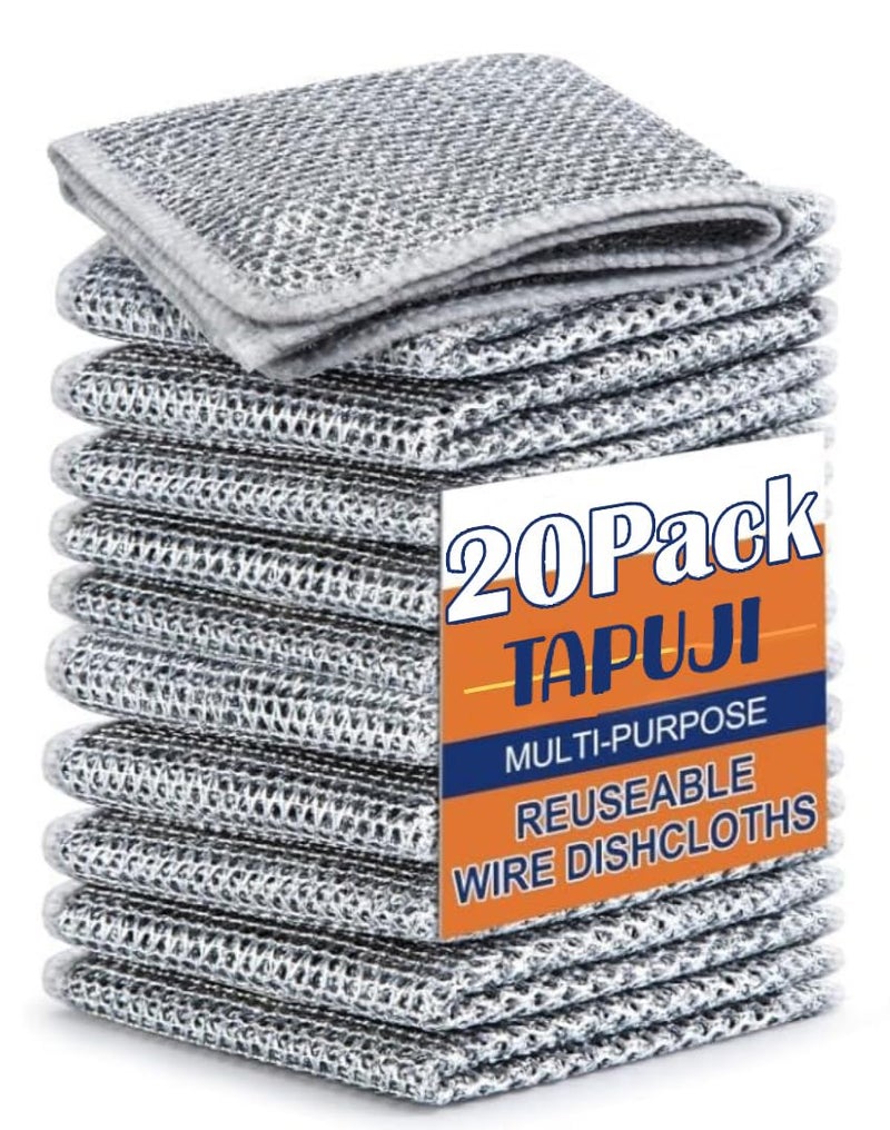 TAPUJI TAPUJI Pack of 20 Multipurpose Wire Dishwashing Rags for Wet and Dry Stainless Steel Scrubber NonScratch Wire Dishcloth for Washing Dishes Sinks Counters Easy Rinsing Machine Washable