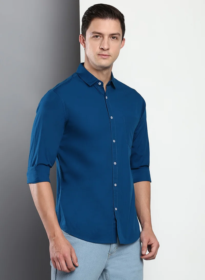 Dennis Lingo Men's Slim Fit Pastel Blue Casual Cotton Spread Shirt