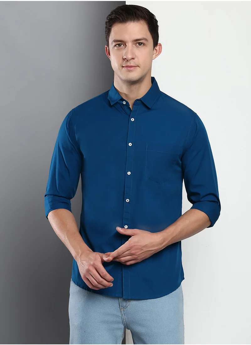 دينيس لينغو Men's Slim Fit Pastel Blue Casual Cotton Spread Shirt