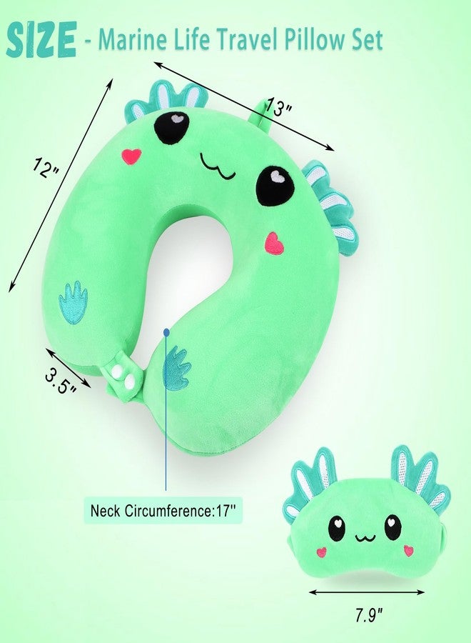 MissSoul Travel Pillow, Kids Travel Pillow with Sleep Eye Mask Soft Memory Foam Kids Neck Pillow for Boys & Girls, Travel Accessories for Car Airplane Traveling - Green Axolotl - Image 2