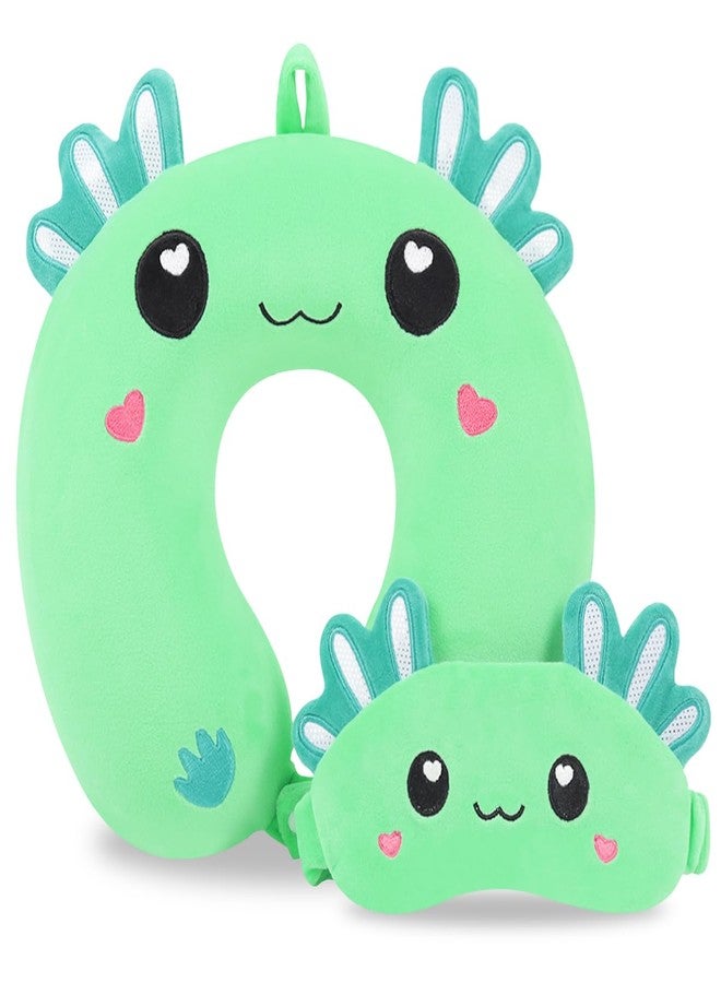 MissSoul Travel Pillow, Kids Travel Pillow with Sleep Eye Mask Soft Memory Foam Kids Neck Pillow for Boys & Girls, Travel Accessories for Car Airplane Traveling - Green Axolotl - Image 1