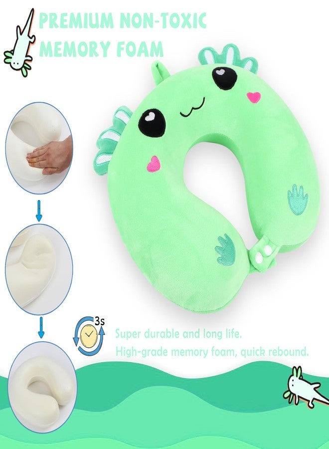 MissSoul Travel Pillow, Kids Travel Pillow with Sleep Eye Mask Soft Memory Foam Kids Neck Pillow for Boys & Girls, Travel Accessories for Car Airplane Traveling - Green Axolotl - Image 3