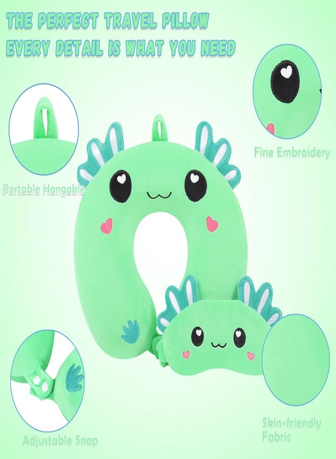 MissSoul Travel Pillow, Kids Travel Pillow with Sleep Eye Mask Soft Memory Foam Kids Neck Pillow for Boys & Girls, Travel Accessories for Car Airplane Traveling - Green Axolotl - Image 5