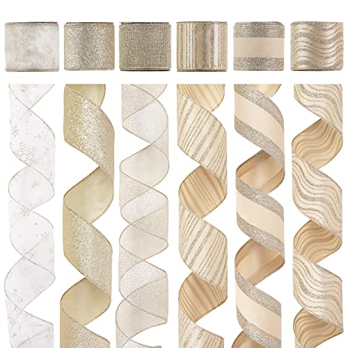 HUIHUANG Champagne Christmas Ribbon Wired Gold Christmas Tree Ribbon 6 Rolls Glitter Wired Edge Ribbons for X-mas Tree, Gift Wrapping, Wreath, Garland, Home Decor (2.5" Wide, 36 Yds Total) - Image 1